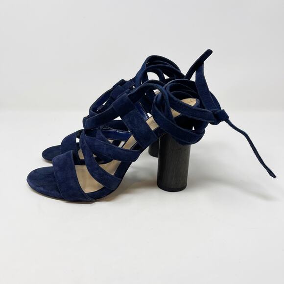 Aldo Womens 6.5 Navy Blue Lace Up Suede Heels 4" Round Wood Heels Open Toes - Picture 4 of 16